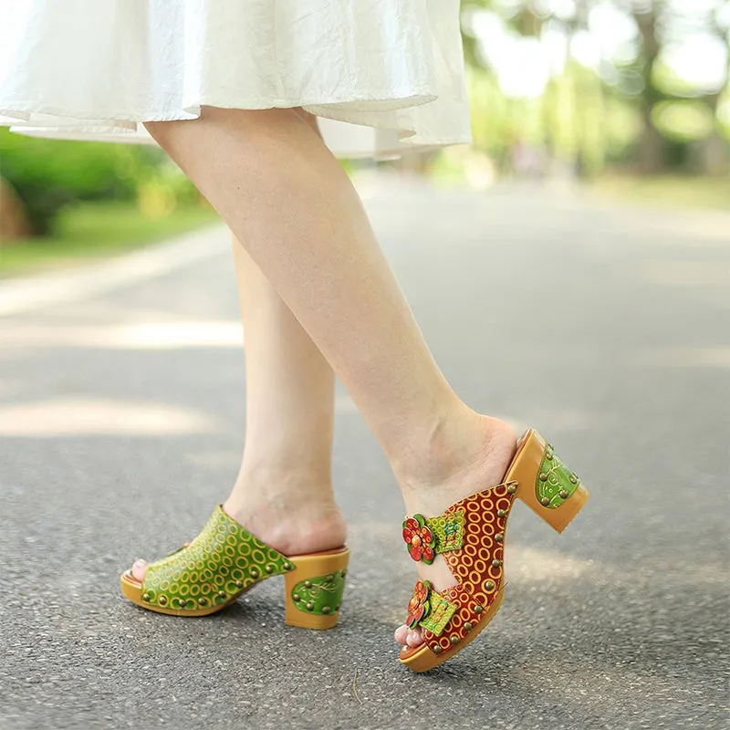 Handmade Retro Leather Flowers Slippers Open Toe Platform Sandals in Green