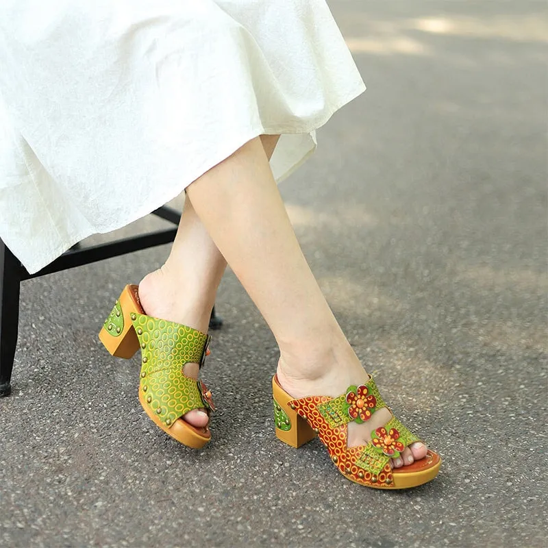 Handmade Retro Leather Flowers Slippers Open Toe Platform Sandals in Green