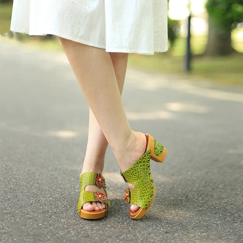 Handmade Retro Leather Flowers Slippers Open Toe Platform Sandals in Green