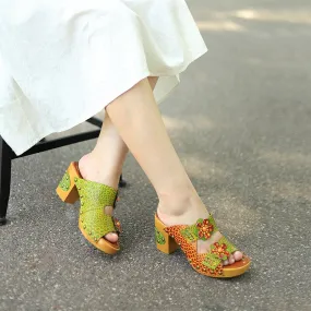 Handmade Retro Leather Flowers Slippers Open Toe Platform Sandals in Green