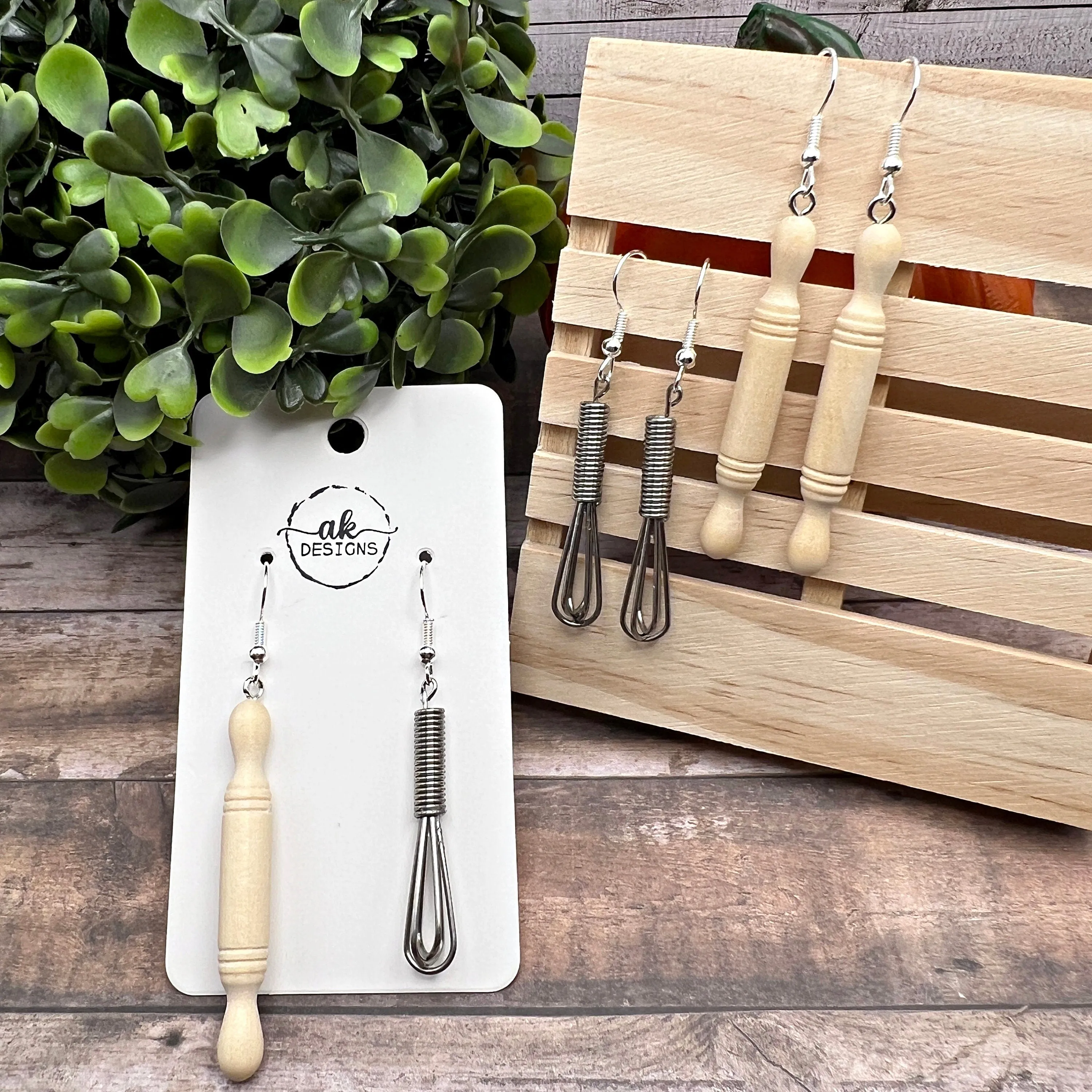 Handmade Wood Rolling Pin or Wire Wisk, Baking Baker, Hypoallergenic  Earrings