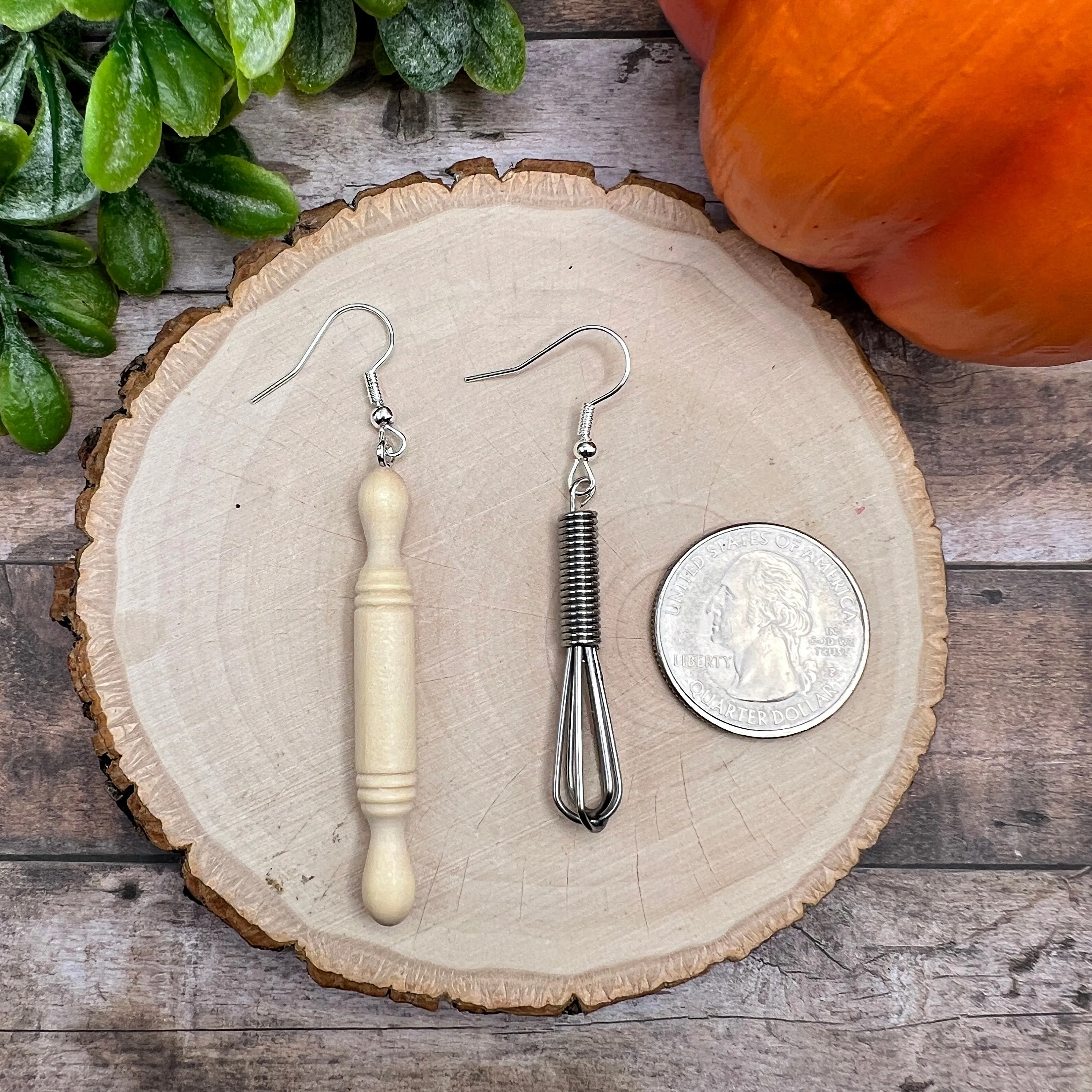 Handmade Wood Rolling Pin or Wire Wisk, Baking Baker, Hypoallergenic  Earrings