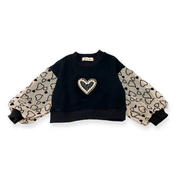 Heart Embellished Mesh Slv Sweatshirt