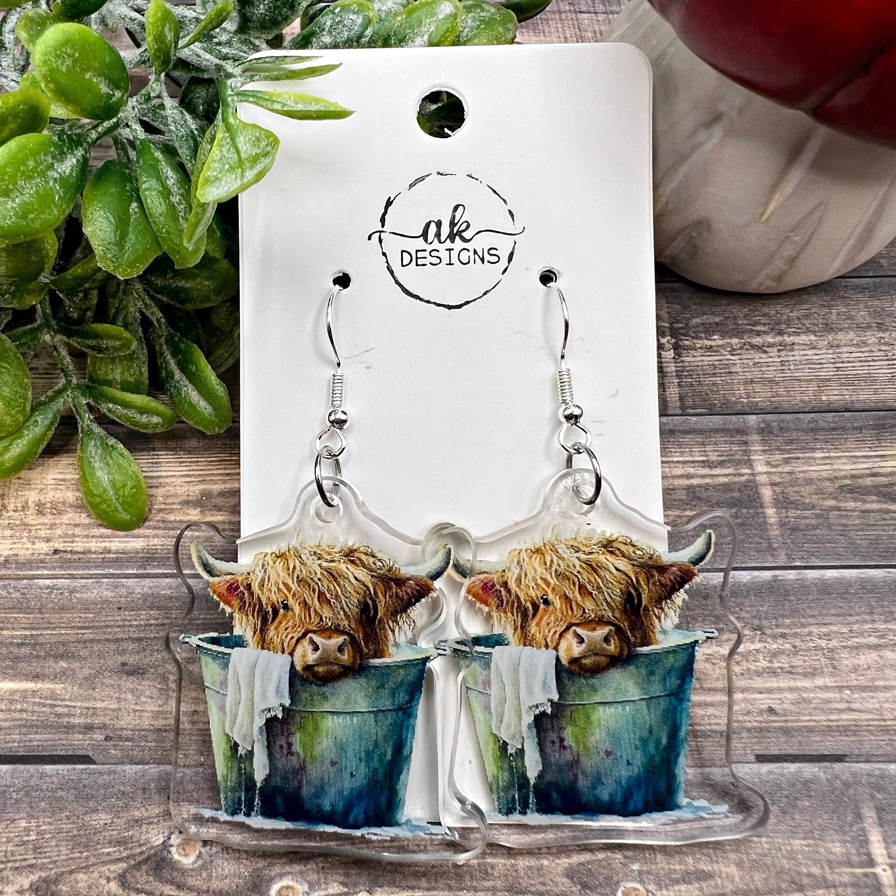 Highland Cow Watercolor Acrylic Earrings