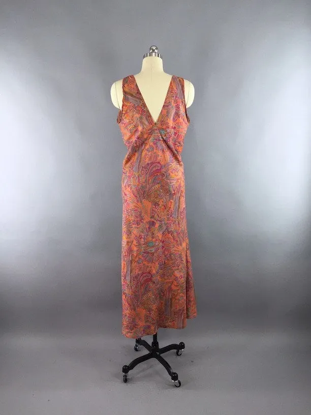 Indian Sari Maxi Dress / Vintage Indian Sari / Orange Feathers