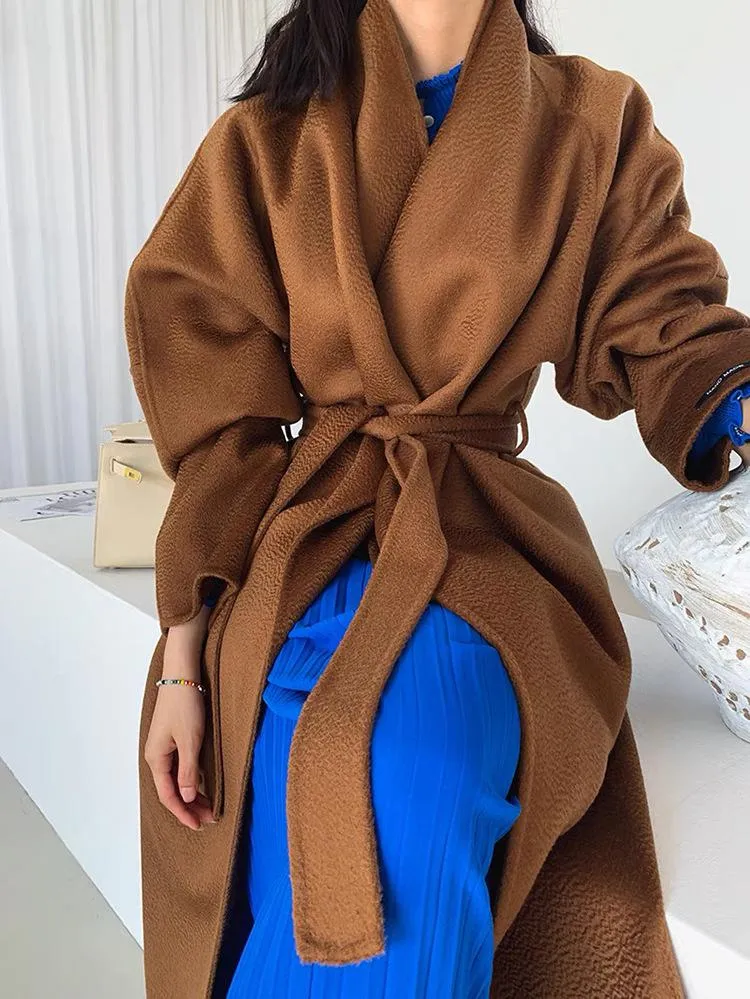 Joskaa 2024 New In Outerwear Water Ripple Double-Sided Long Women Loose Lacing Belt Bathrobe Style Woolen Jackets Fall Outfits 2024