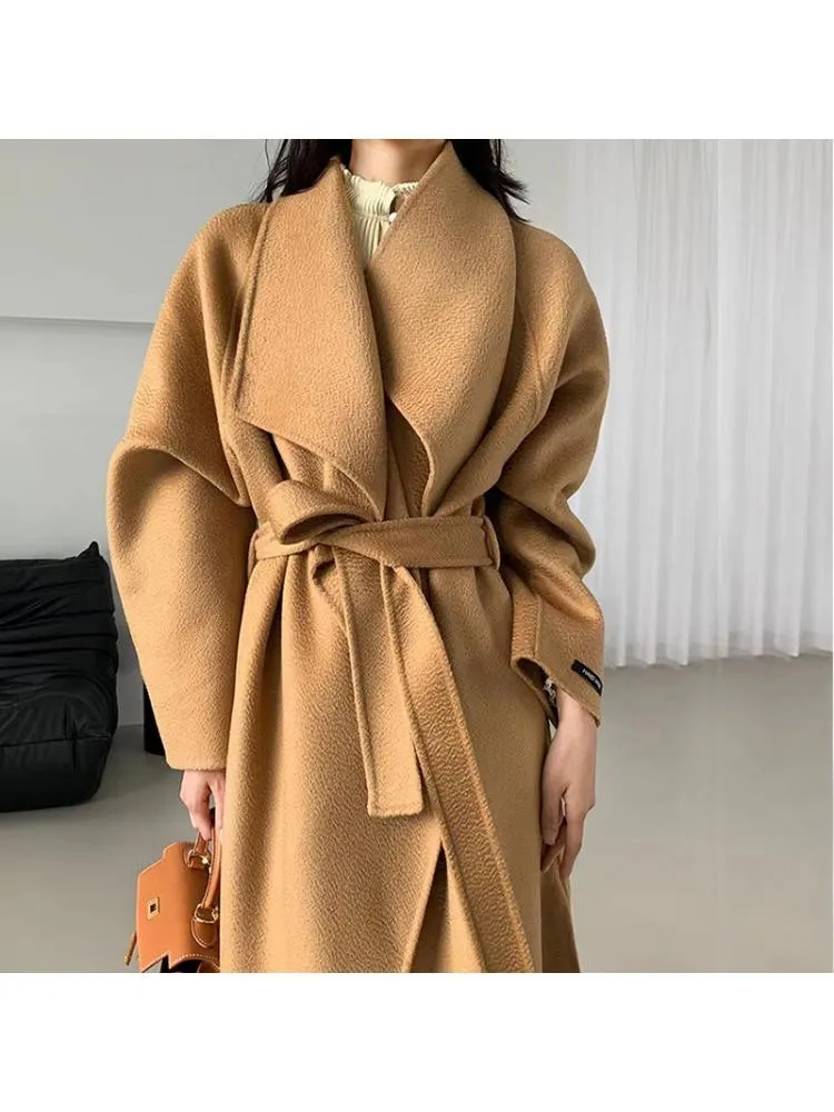 Joskaa 2024 New In Outerwear Water Ripple Double-Sided Long Women Loose Lacing Belt Bathrobe Style Woolen Jackets Fall Outfits 2024