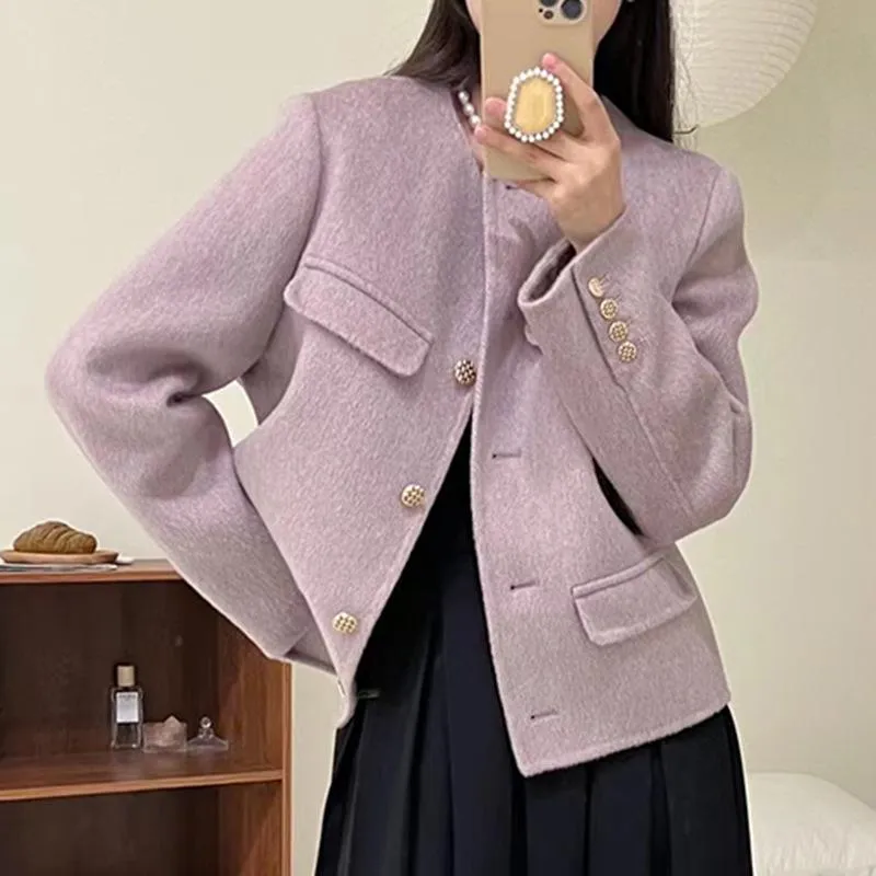 Joskaa Spring 2024 New In Outerwear Single-Breasted Short Silk Ultra-Fine Wool Coats Women Loose Solid Colour Handmade Woolen Jackets