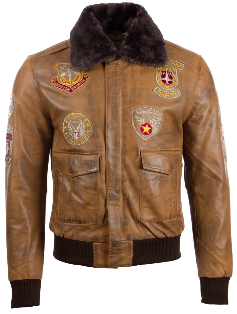 JWR3 Men's Aviator Bomber Jacket - Cognac