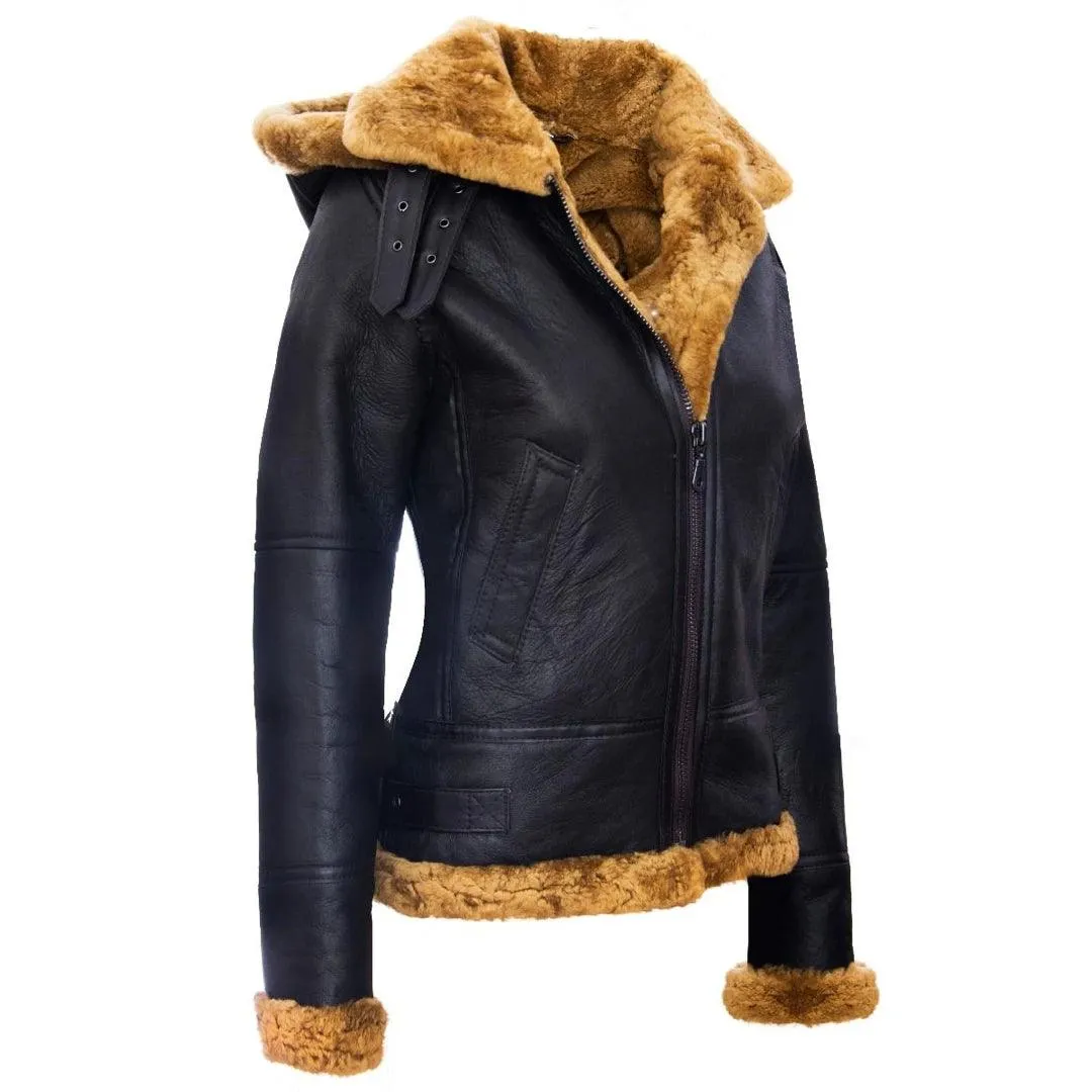 Ladies Aviator New Ginger Women's Hooded Real Shearling Sheepskin Leather Jacket