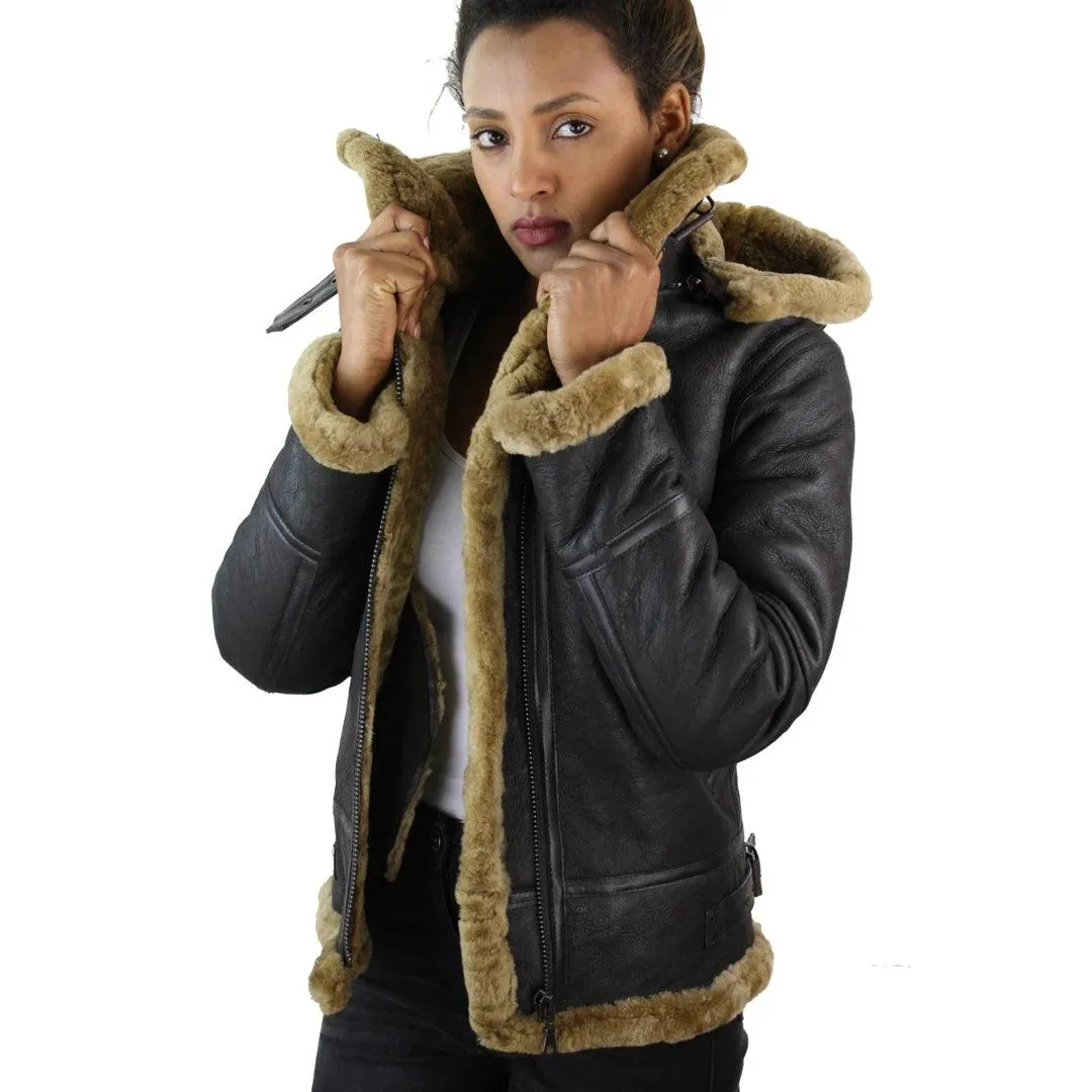 Ladies Aviator New Ginger Women's Hooded Real Shearling Sheepskin Leather Jacket