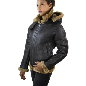 Ladies Aviator New Ginger Women's Hooded Real Shearling Sheepskin Leather Jacket