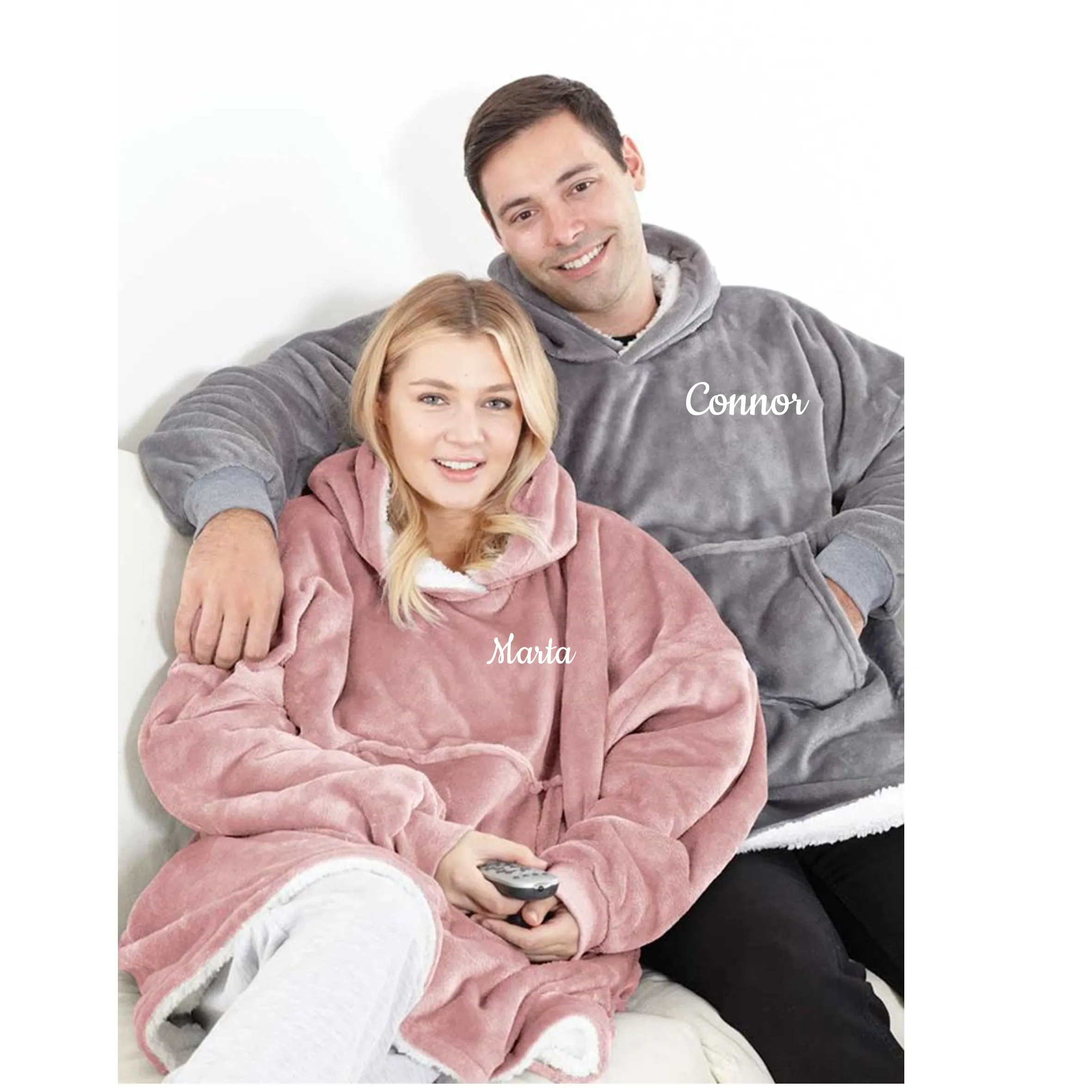 Ladies Mens Personalised Oversized Fleece Hoodie reversible Sweatshirt Grey Pink