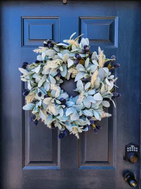 Lamb's Ear Grapevine Wreath For All Seasons With Blue Thistle and Cream Colored Grass, Wreaths For Front Door or Mantle, Gift For Her