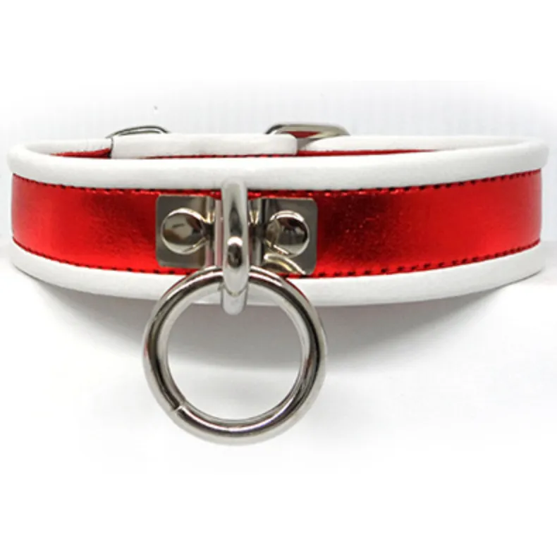 Leather O Ring Collar Piping - Medium/Large (White/Red Metallic)