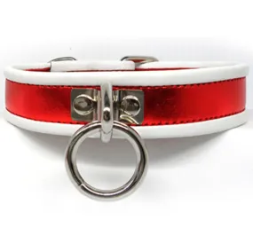 Leather O Ring Collar With Piping - Small/Medium (White/Red Metallic)