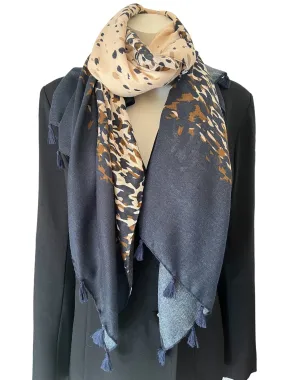 Leopard Print Scarf Navy Beige with Tassels