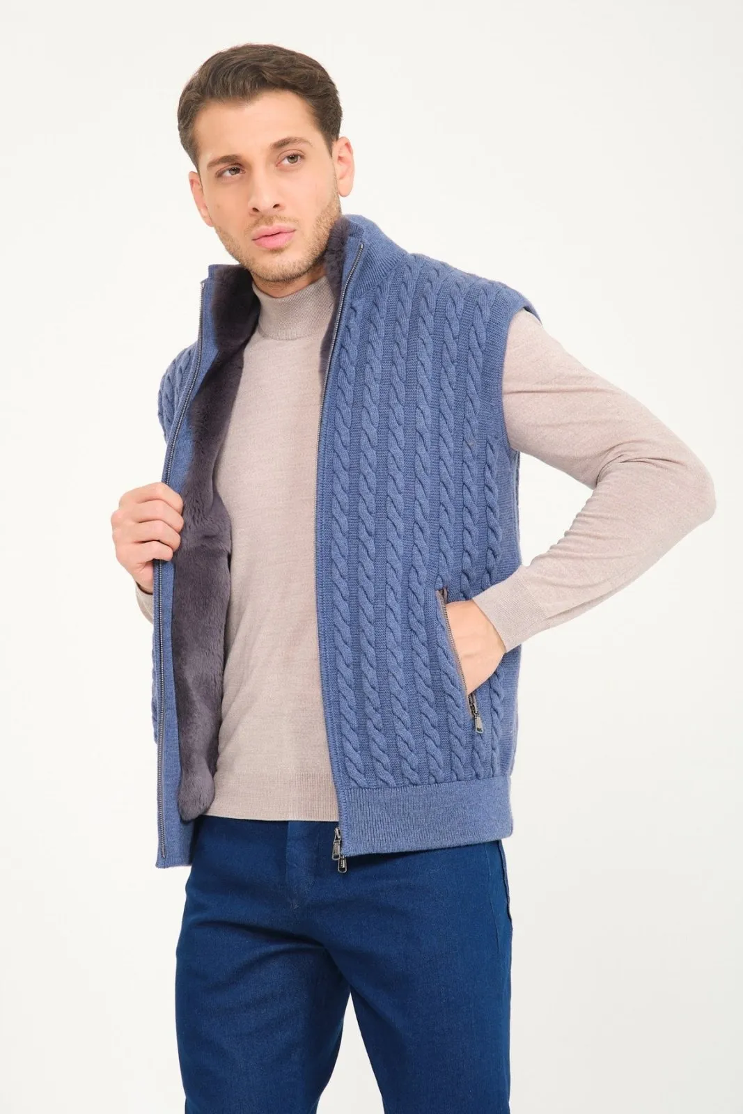 Light Blue Wool & Rex Fur Knit Vest