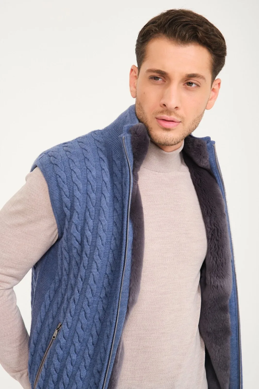 Light Blue Wool & Rex Fur Knit Vest