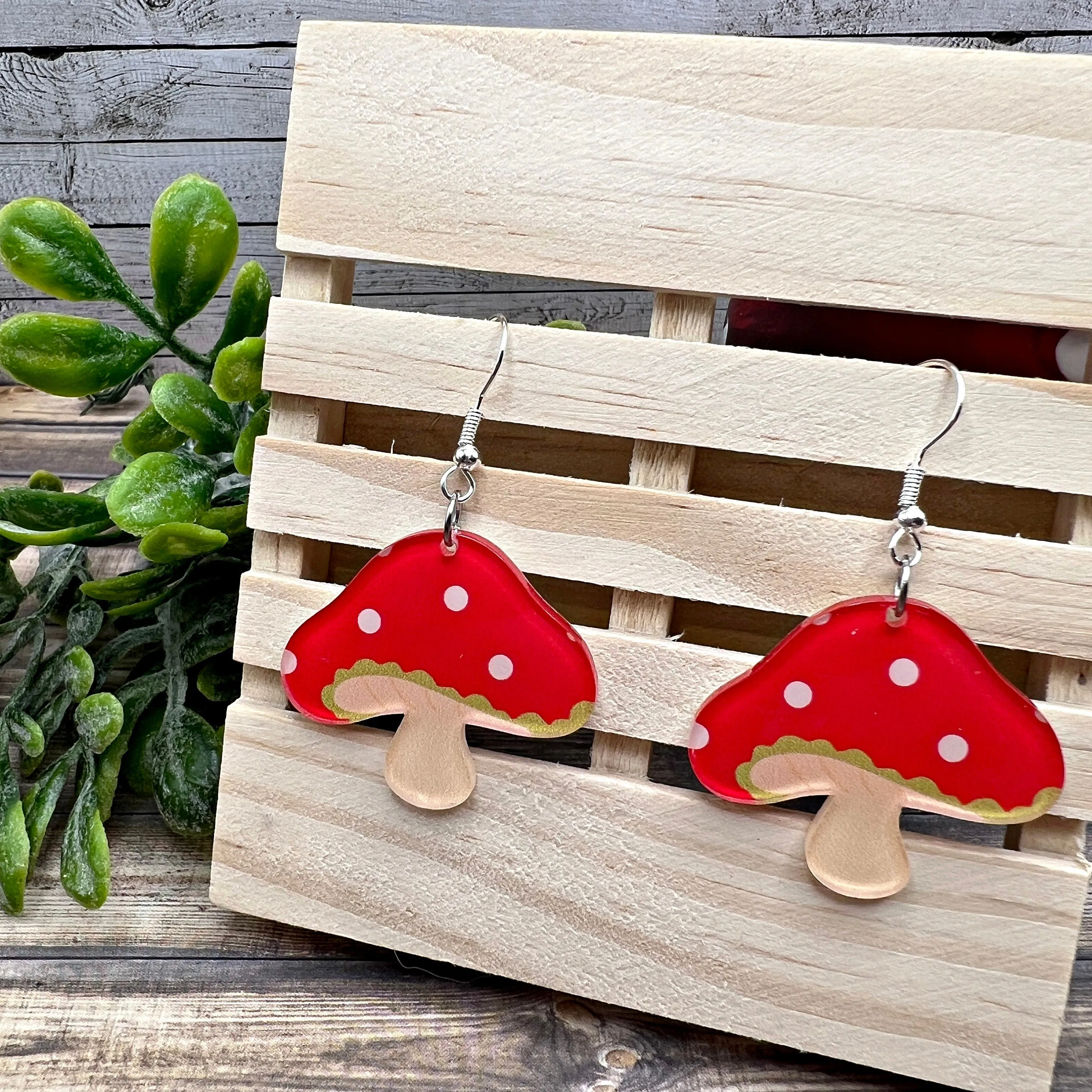 Lightweight Red Mushroom Earrings -  Acrylic Plant Garden Design