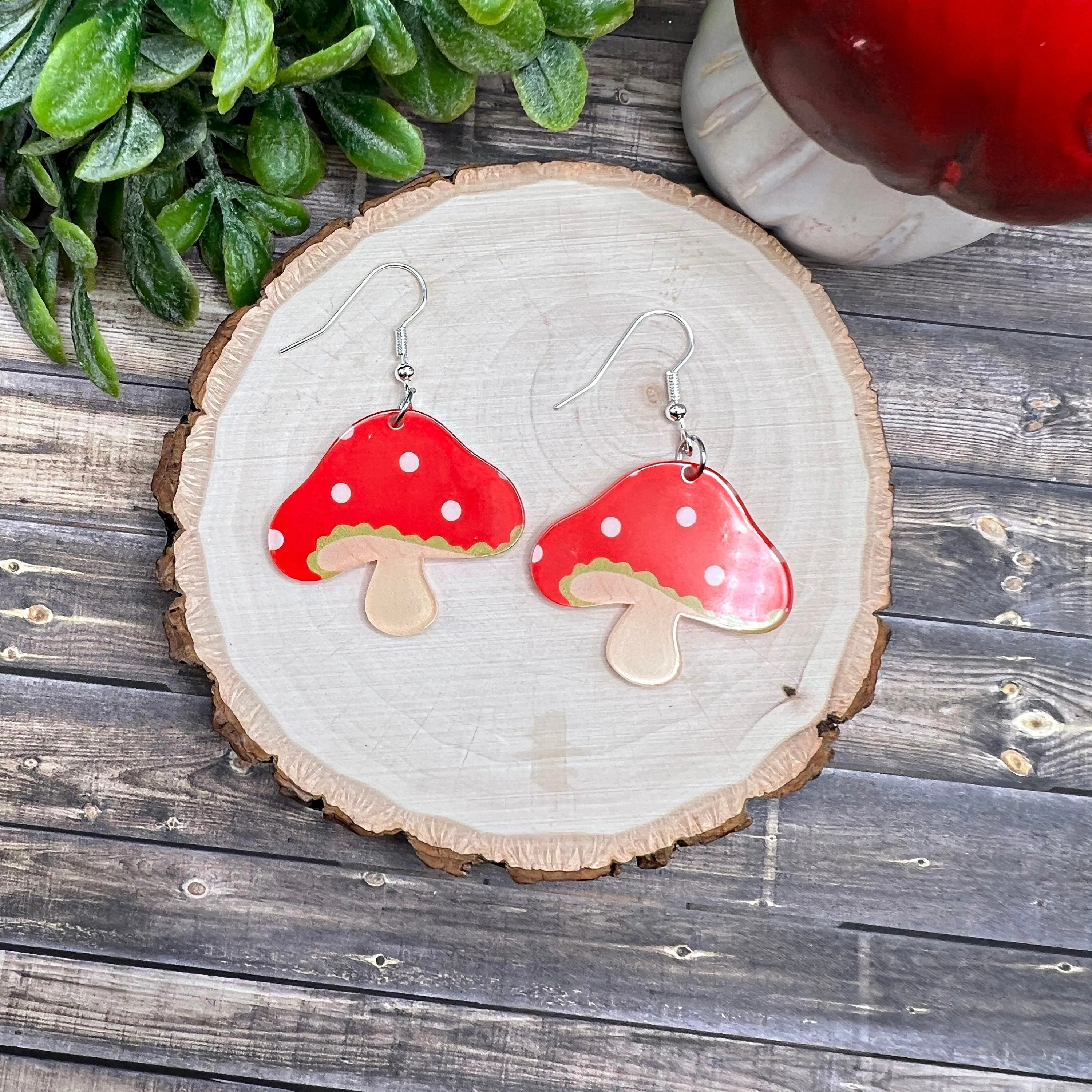 Lightweight Red Mushroom Earrings -  Acrylic Plant Garden Design