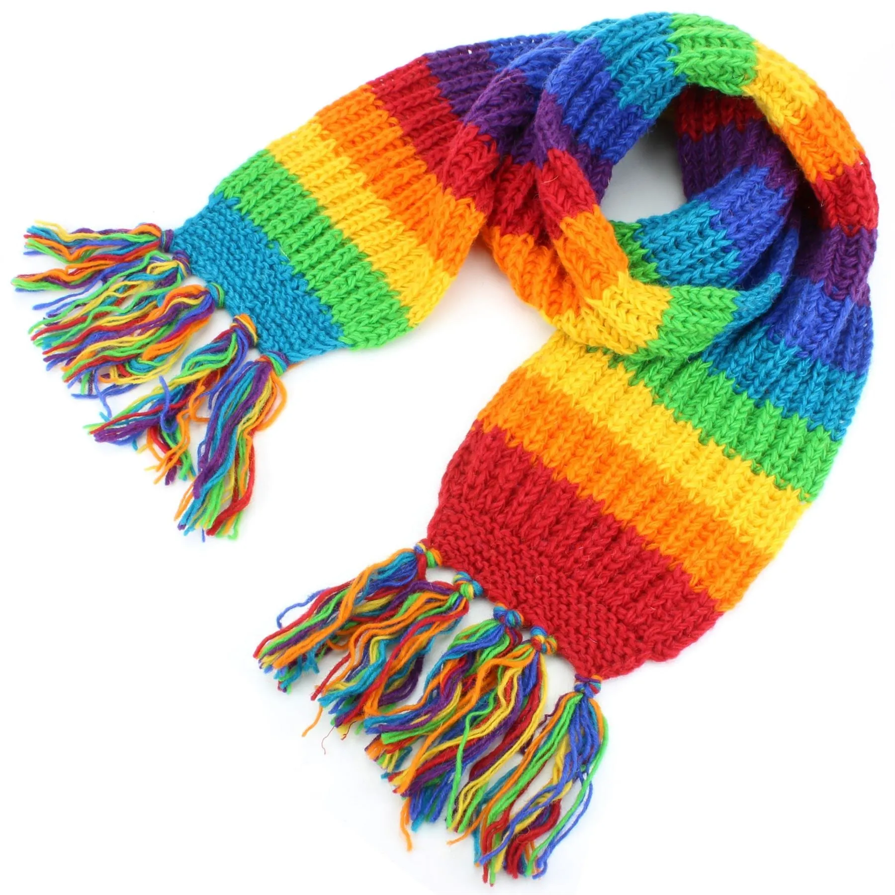 Long Chunky Wool Knit Striped Scarf - Rainbow