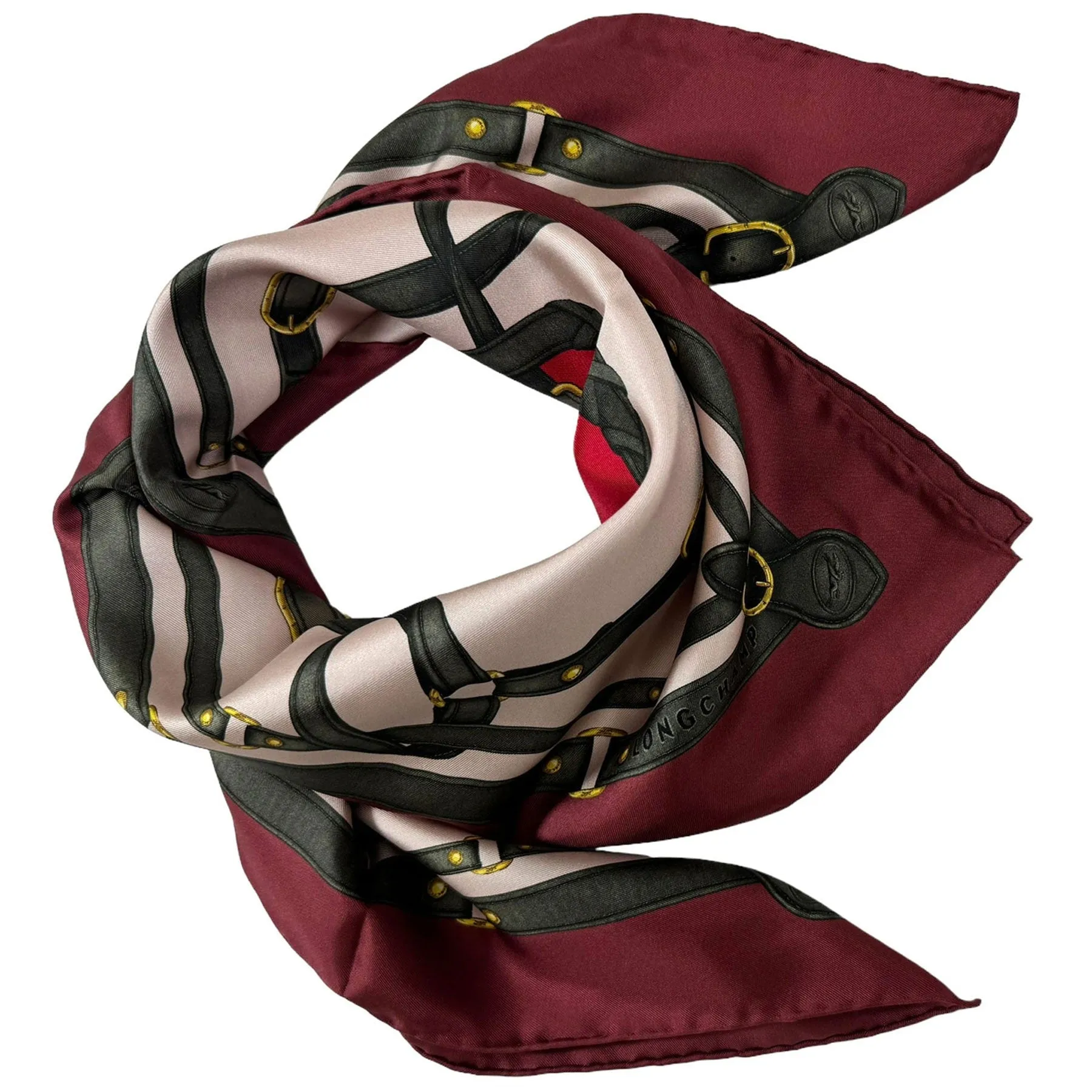 Longchamp Paris Scarf Maroon Gray Red Equestrian Design - Silk Square Foulard SALE