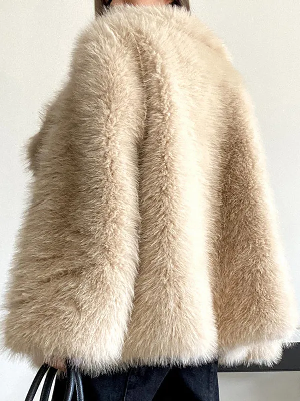 Loose Lapel Long Sleeve V-neck Faux Fur Coat