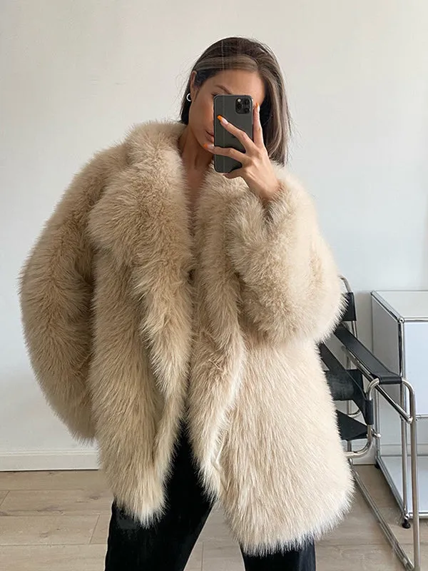 Loose Lapel Long Sleeve V-neck Faux Fur Coat