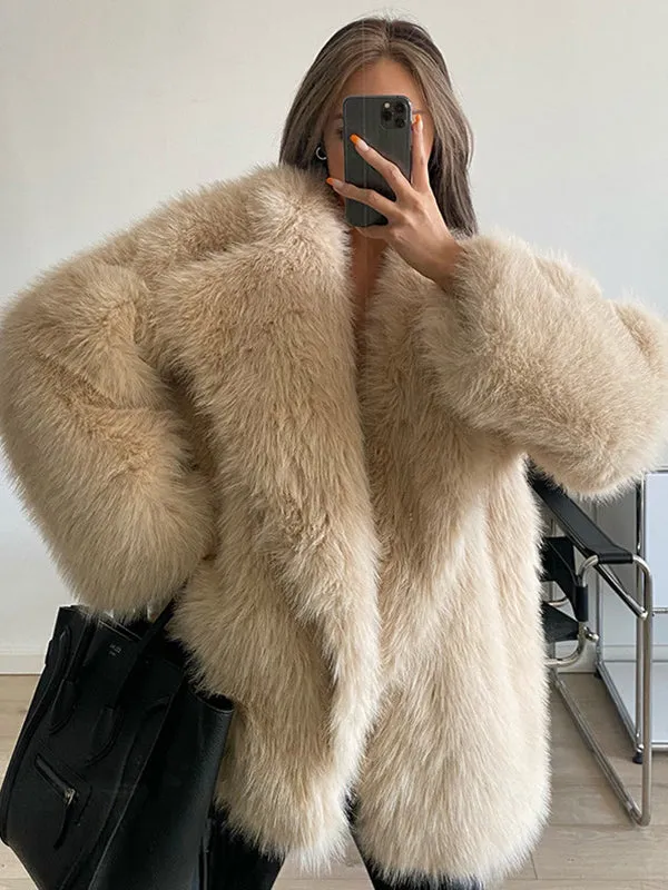 Loose Lapel Long Sleeve V-neck Faux Fur Coat