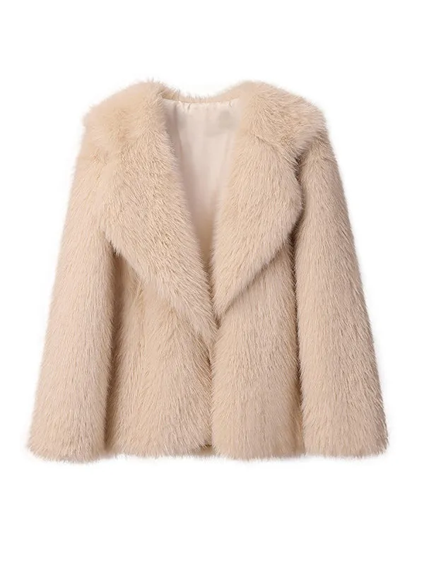 Loose Lapel Long Sleeve V-neck Faux Fur Coat