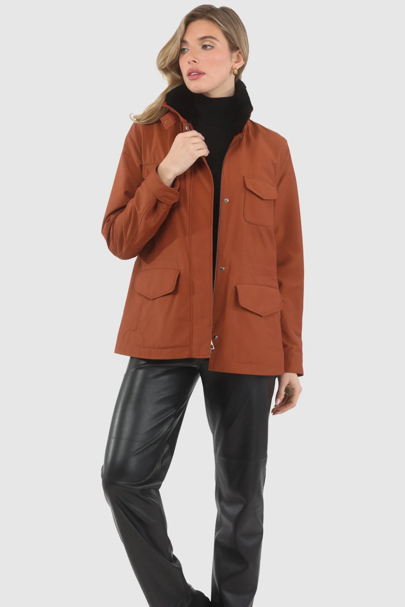 Loro Piana Storm System Lined Jacket with Detachable Select Shearling Lamb Collar, Concealed Hood