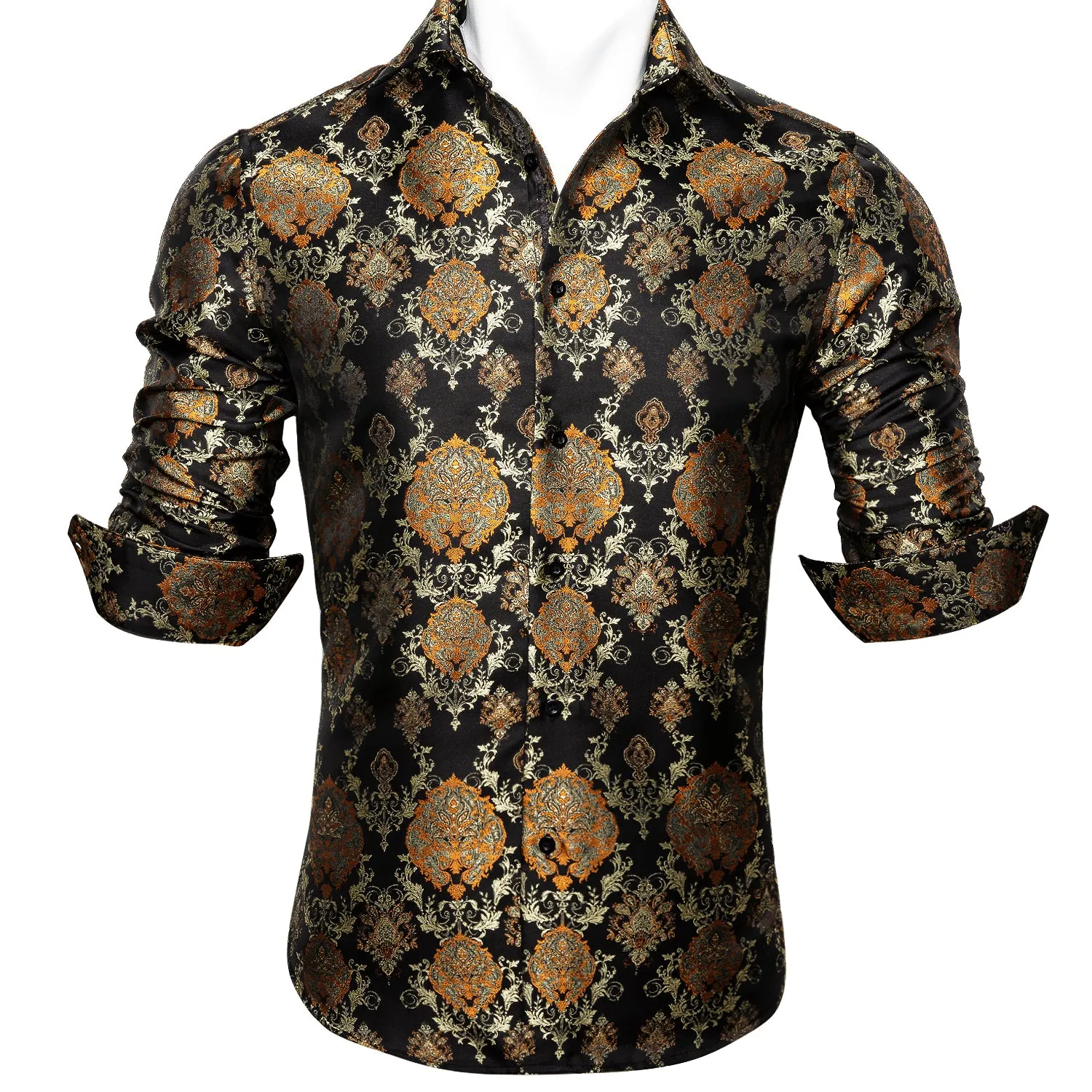 Luxury Black Golden Floral Silk Men's Shirt