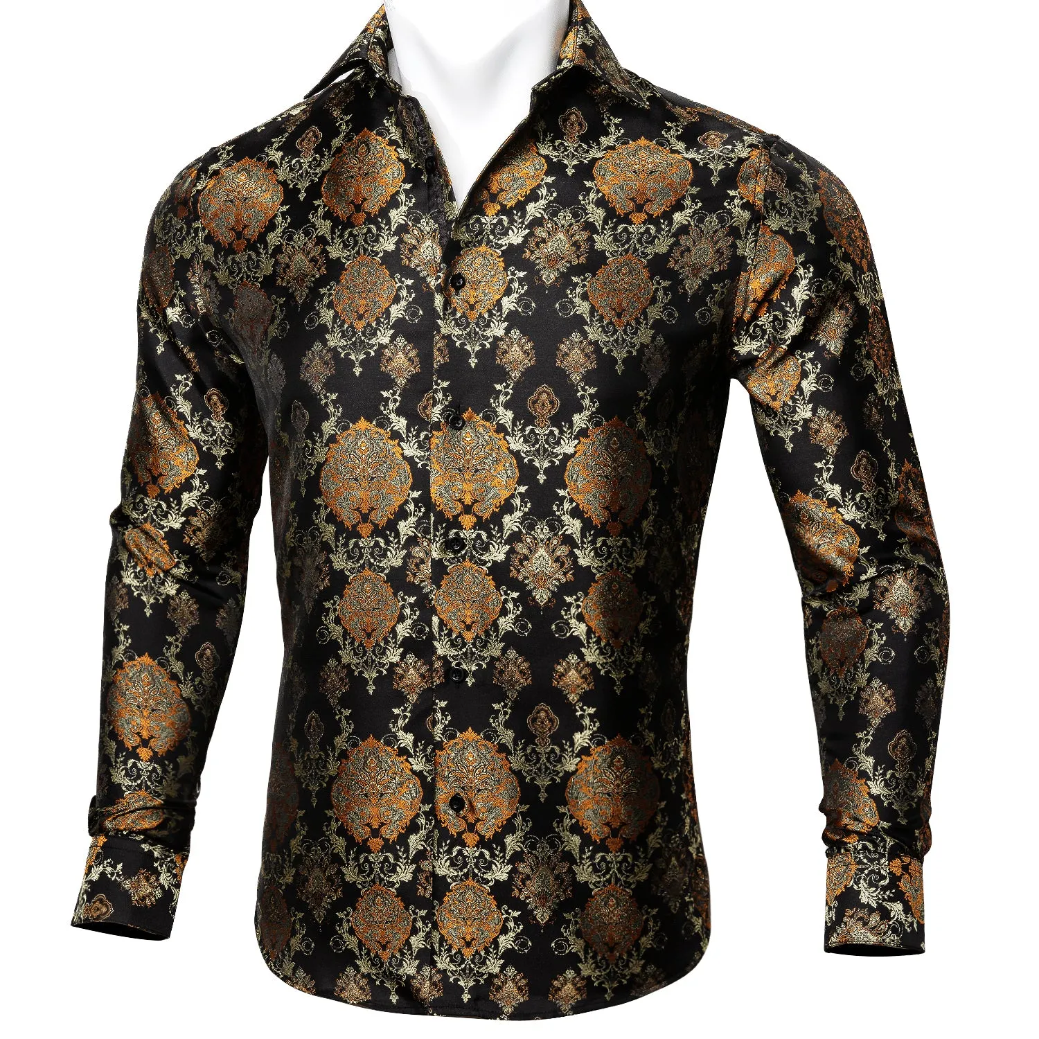 Luxury Black Golden Floral Silk Men's Shirt