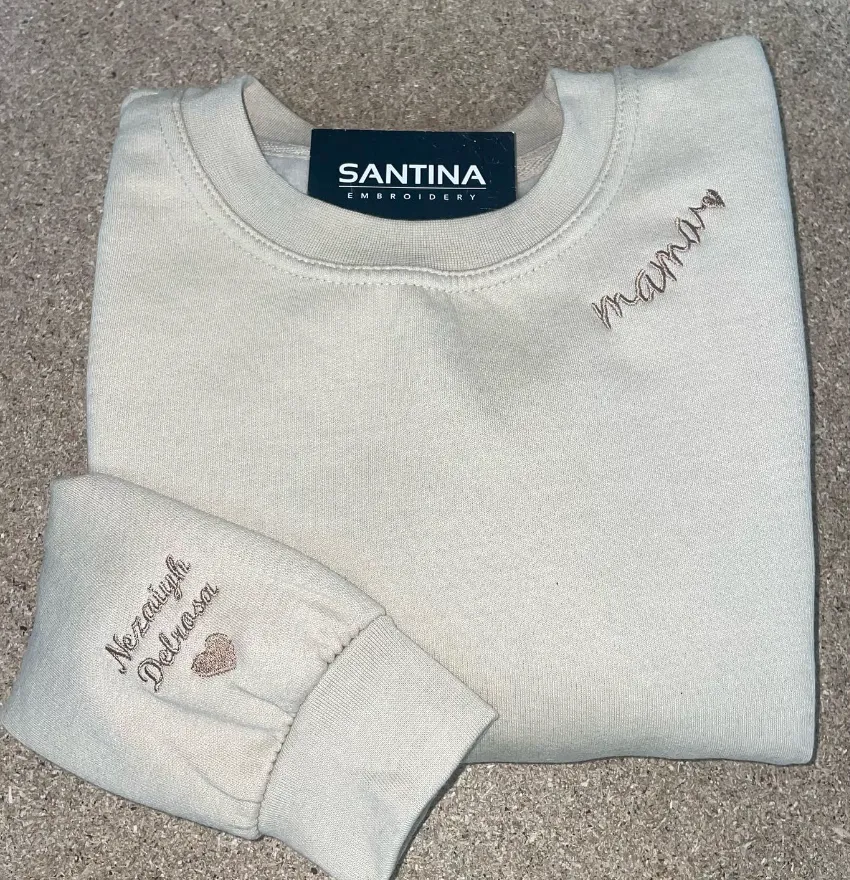 mama neckline embroidered sweatshirt or hoodie, childrens name on sleeve