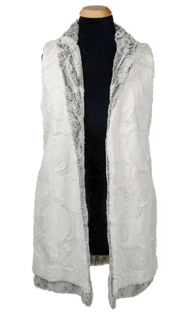 Mandarin Vest, Reversible less pockets - Luxury Faux Fur in Khaki with Cuddly Fur Ivory