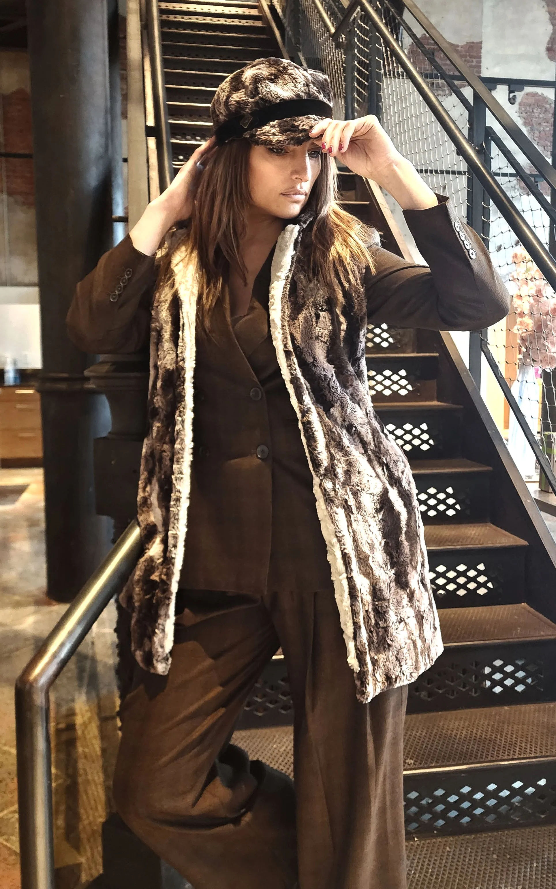 Mandarin Vest, Reversible less pockets - Luxury Faux Fur in Mocha with Cuddly Sand