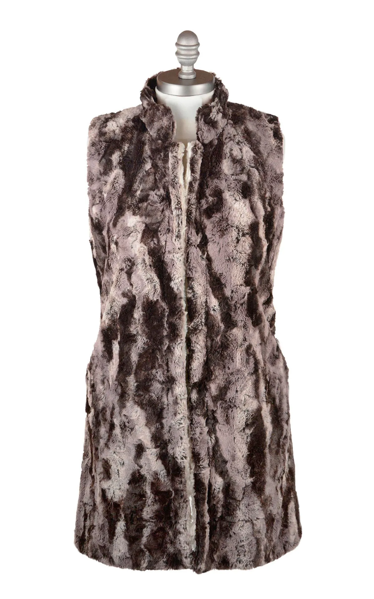 Mandarin Vest, Reversible less pockets - Luxury Faux Fur in Mocha with Cuddly Sand