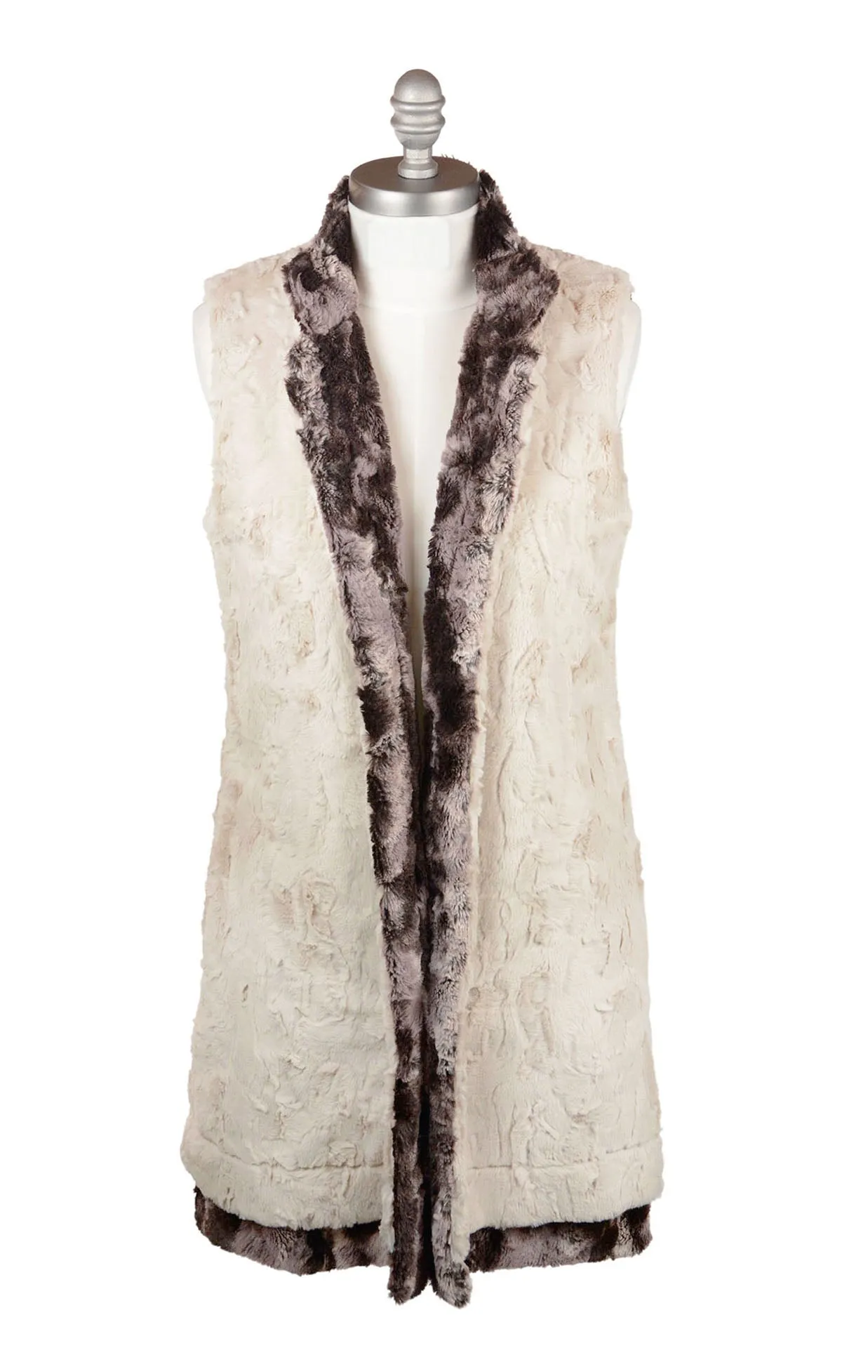 Mandarin Vest, Reversible less pockets - Luxury Faux Fur in Mocha with Cuddly Sand