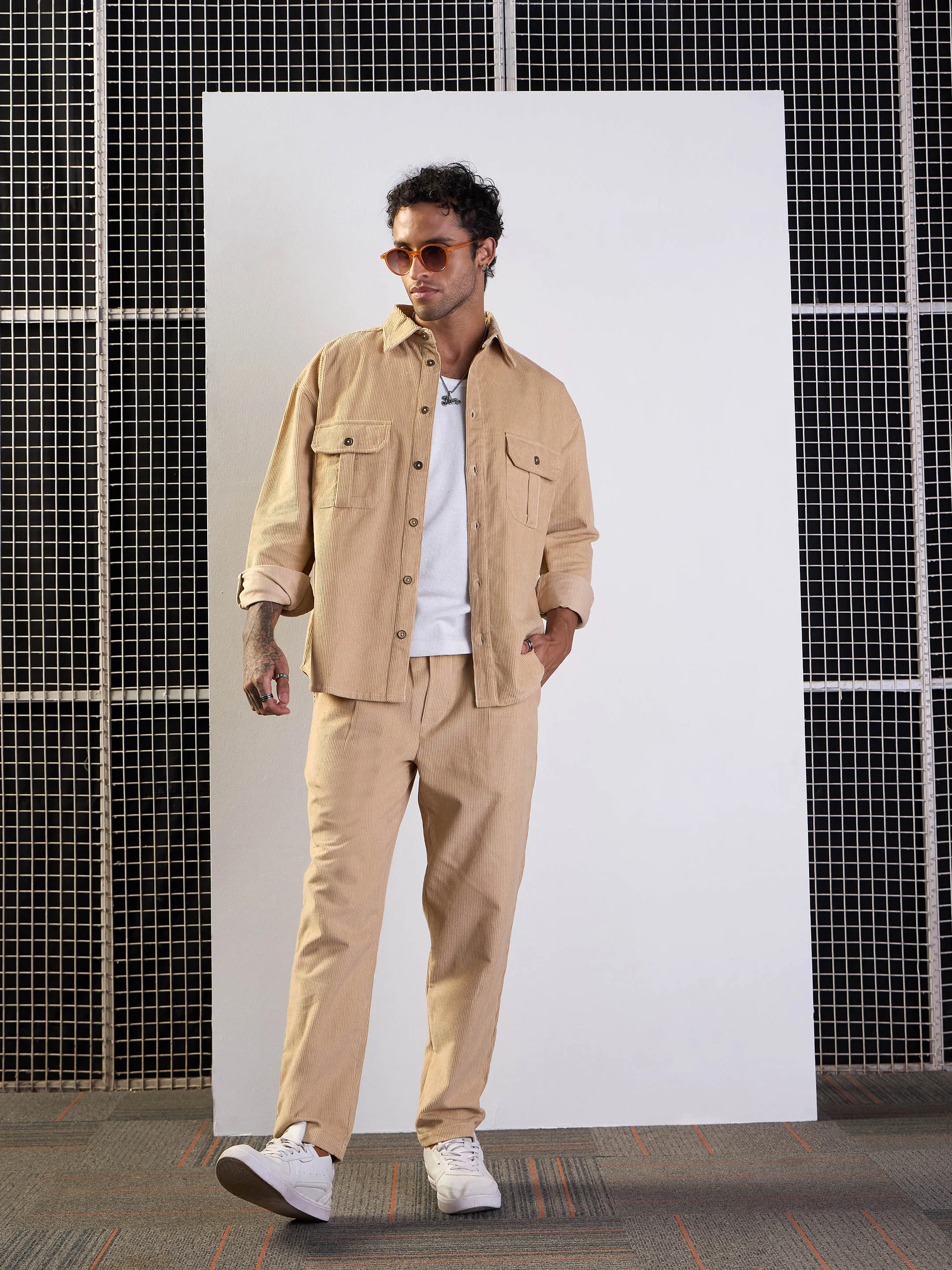 Men Beige Corduroy Elasticated Pants