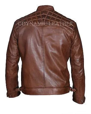 Men's Biker Quilted Vintage Distressed Motorcycle Cafe Racer Leather Jacket