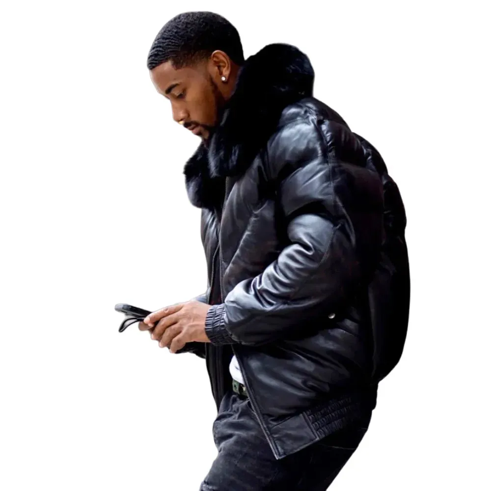 Mens Black Leather V Bomber Jacket With Black Fur Collar