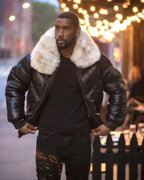 Men's Black V-Bomber Jacket with Off-White Fox Fur Collar