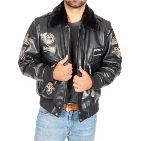 Mens Pilot Leather Jacket Air Force Badges Bomber Luca Black