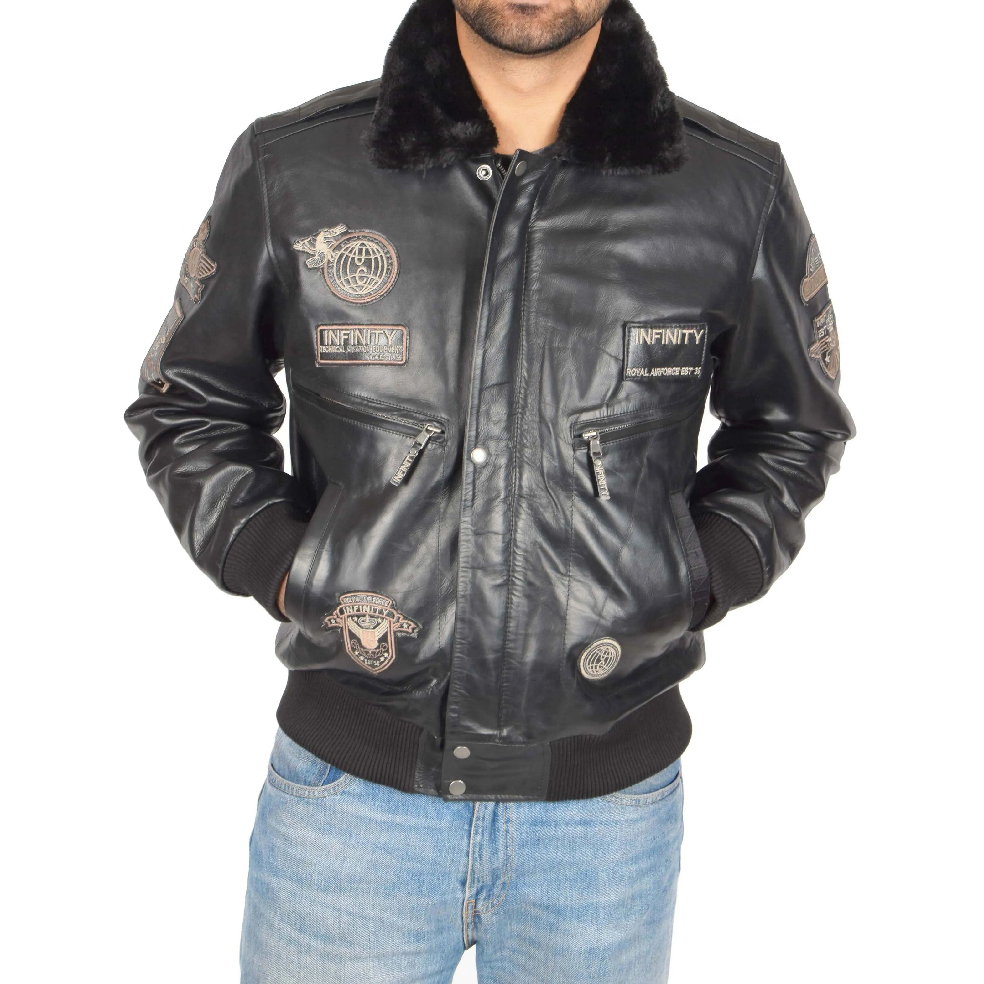 Mens Pilot Leather Jacket Air Force Badges Bomber Luca Black