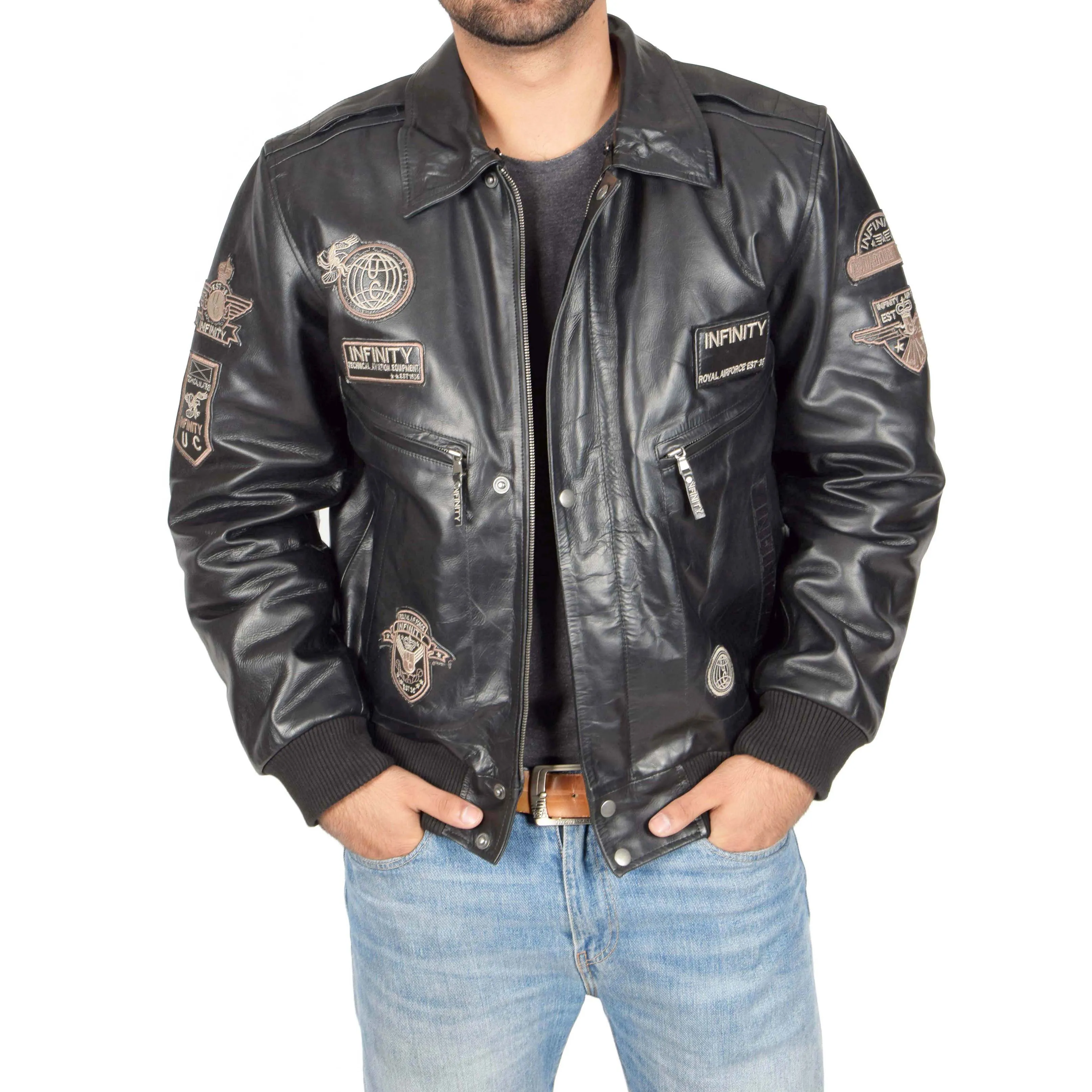 Mens Pilot Leather Jacket Air Force Badges Bomber Luca Black