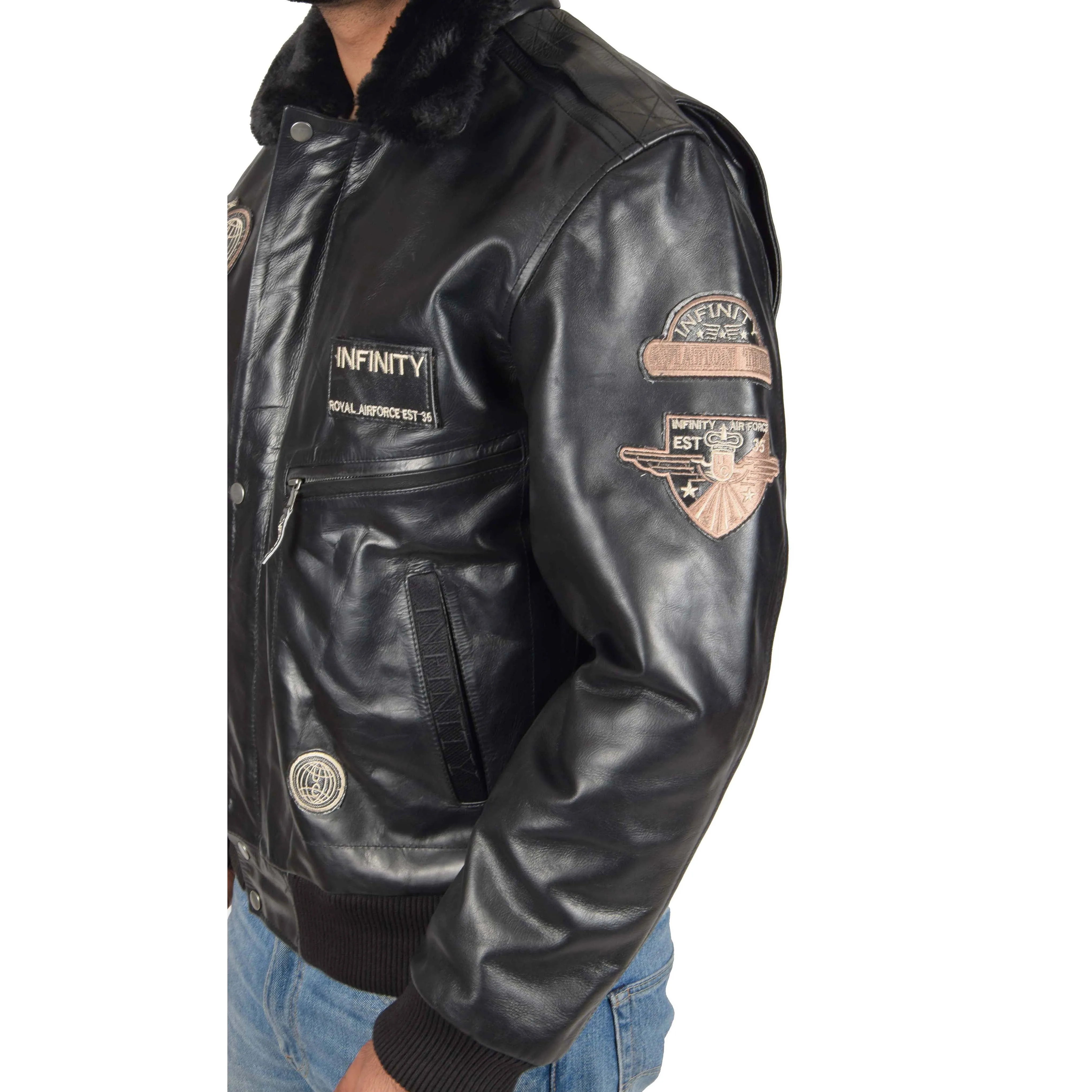 Mens Pilot Leather Jacket Air Force Badges Bomber Luca Black