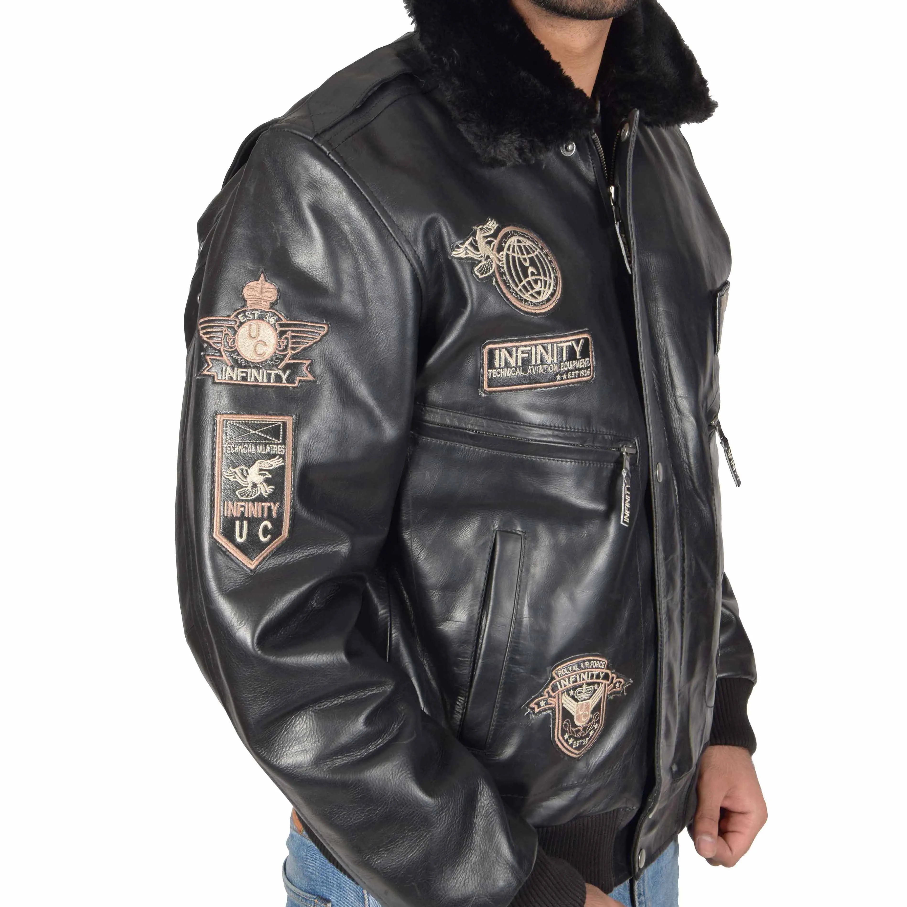 Mens Pilot Leather Jacket Air Force Badges Bomber Luca Black