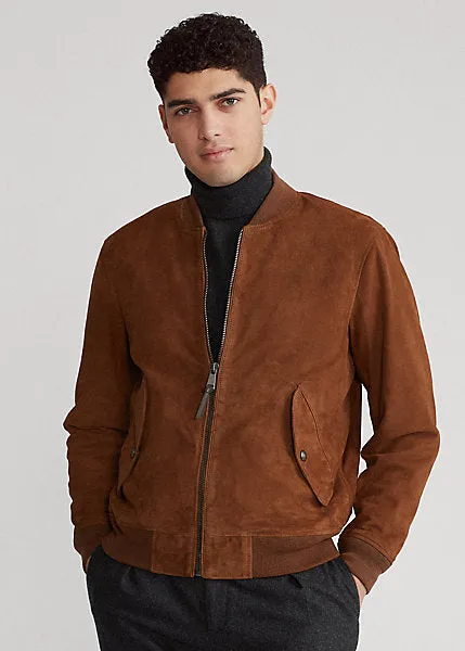 Men's Tan Brown Suede Leather Bomber Jacket