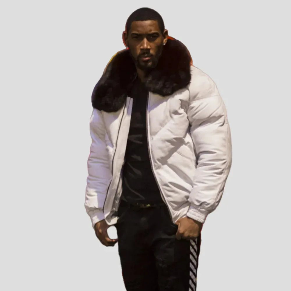 Mens White Leather V Bomber Jacket With Black Fur Collar